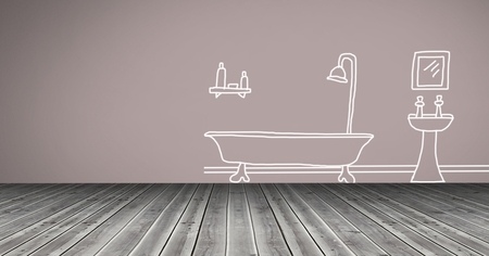 Digital composite of bathroom drawings on wallの写真素材