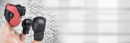 Digital composite of Boxer man with bricksの写真素材