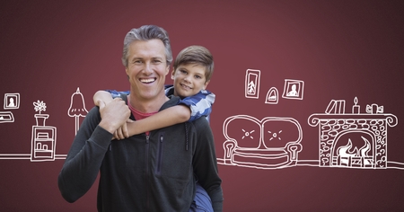 Digital composite of Father and son with home drawingsの写真素材