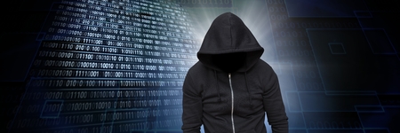 Digital composite of Anonymous hacker with computer code binary interface