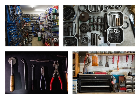 Digital composite of repair tools and workshop collageの写真素材