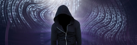 Digital composite of Anonymous hacker with computer code binary interface