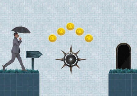 Digital composite of Business person in Computer Game Level with coins and trapsの写真素材