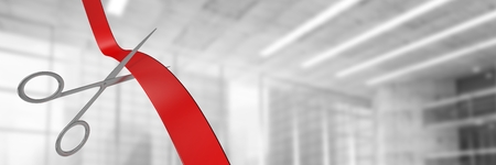 Digital composite of Scissors cutting ribbon with officeの写真素材
