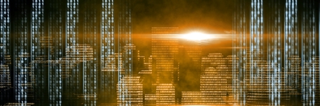 Digital composite of Code binary interface and yellow city backgroundの写真素材