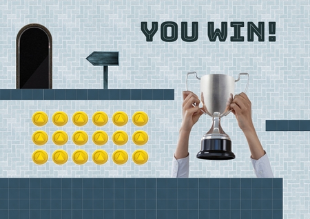 Digital composite of You Win and trophy in Computer Game Level with coins