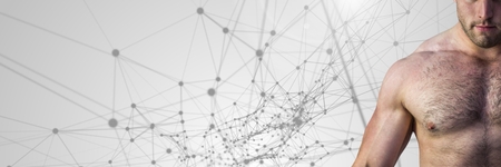 Digital composite of Athletic fit strong with connecting science backgroundの写真素材