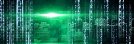 Digital composite of Code binary interface and green city backgroundの写真素材