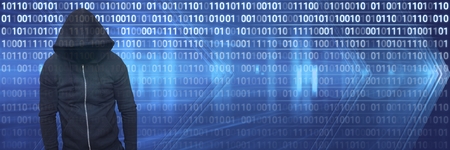 Digital composite of Anonymous hacker with computer code binary interface