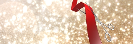 Digital composite of Scissors cutting ribbon with golden starsの写真素材