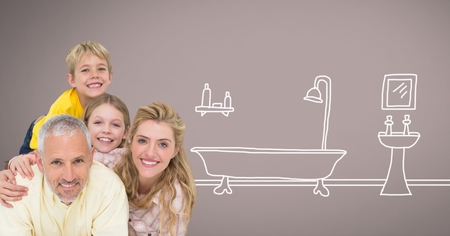 Digital composite of Family together with bathroom drawingsの写真素材