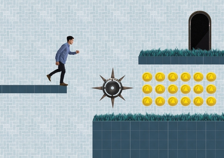 Digital composite of Man in Computer Game Level with coins and trap