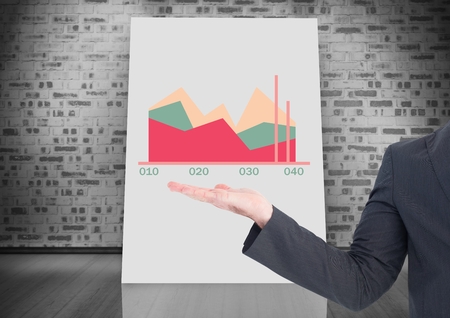 Digital composite of Business hand open with colorful chart statistics on whiteboardの写真素材