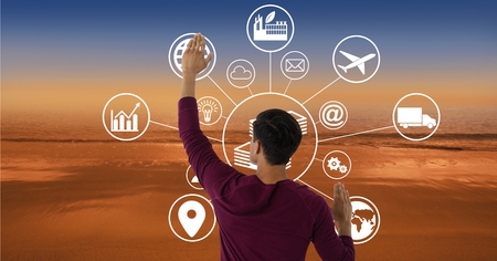 Digital composite of man touches interface with back backgroundの写真素材