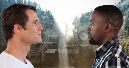 Digital composite of Men looking through interface at each otherの写真素材