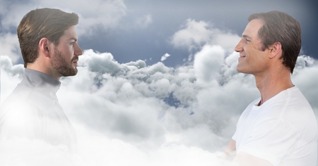 Digital composite of Men looking at each other through cloudsの写真素材