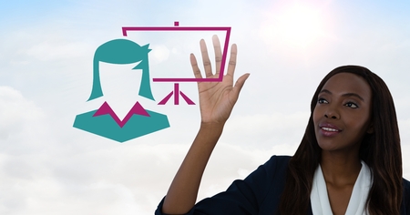 Digital composite of Hand interacting with businesswoman and screen iconの写真素材