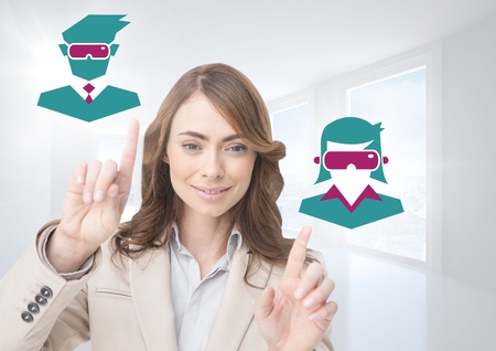 Digital composite of hands pointing with VR headset people iconsの写真素材