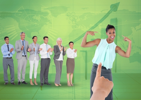 Digital composite of hand choosing a business woman on green background with graph and business peopleの写真素材