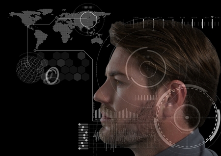 Digital composite of Man with interface overlay over him