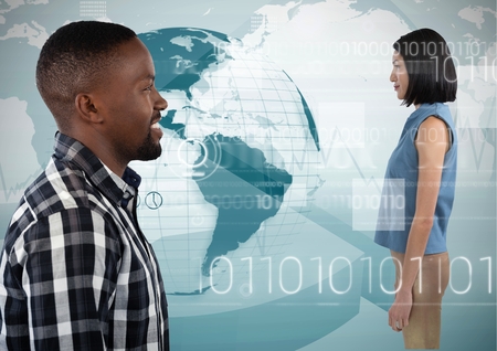 Digital composite of Man looking forward at digital woman