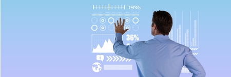 Digital composite of Man touching white interface with plain background