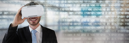 Happy businessman holding vr glasses against computer generated image of empty lobby