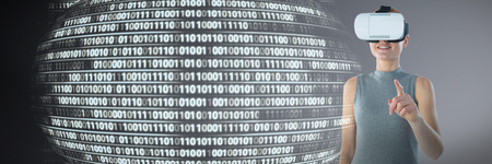 Smiling businesswoman wearing futuristic glasses against binary code