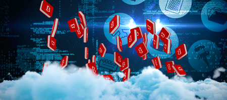 Digitally generated image of fluffy clouds  against composite image of blue dataの写真素材