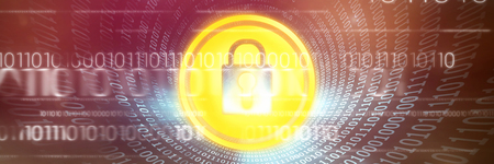 Lock icon vector against spiral of shiny binary code