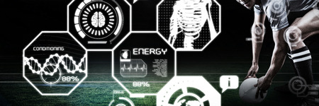 Rugby player holding ball while bending against stadium against skyの写真素材