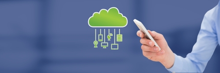 Digital composite of Hand holding phone with cloud icon and hanging connection devices