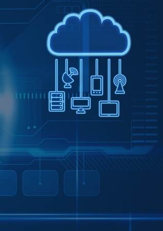Digital composite of cloud icon and hanging connection devices with blue technology background