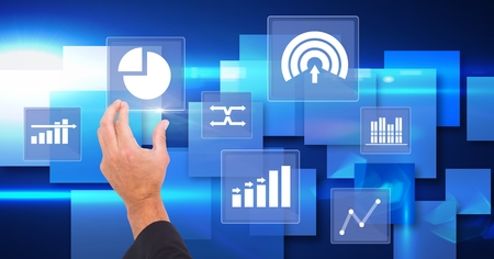 Digital composite of Hand touching business chart statistic icons