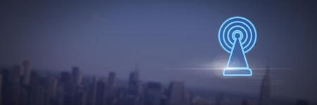 Digital composite of signal icon over dark city