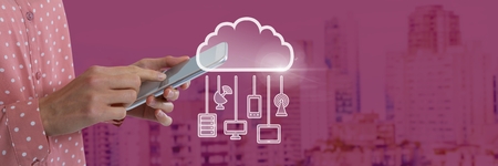Digital composite of Hand holding tablet with cloud icon and hanging connection devices