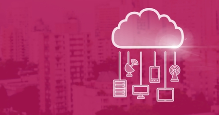 Digital composite of cloud icon and hanging connection devices and magenta backgroundの写真素材