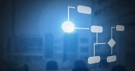 Digital composite of white wireframe illuminated with blue backgroundの写真素材