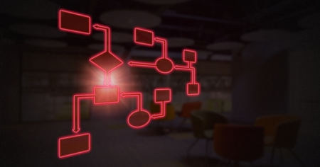 Digital composite of red wireframe with dark backgroundの写真素材