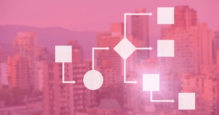 Digital composite of white wireframe with pink city backgroundの写真素材