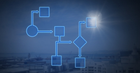 Digital composite of blue wireframe over cityの写真素材