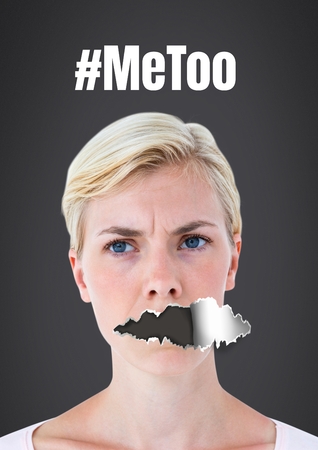 Digital composite of Me Too Woman with torn paper on mouth #MeTooの写真素材