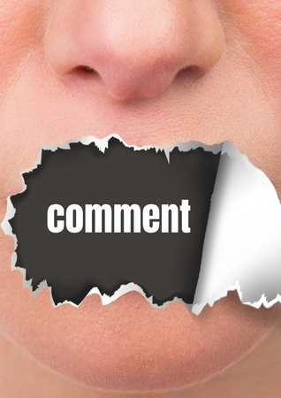 Digital composite of Face with torn paper on mouth and comment textの写真素材