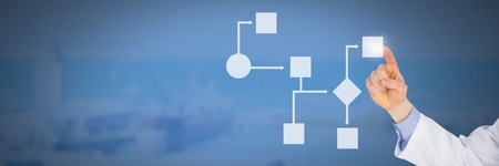 Digital composite of Laboratory Doctor Hand touching white wireframeの写真素材