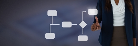 Digital composite of Hand touching wireframe with blue backgroundの写真素材