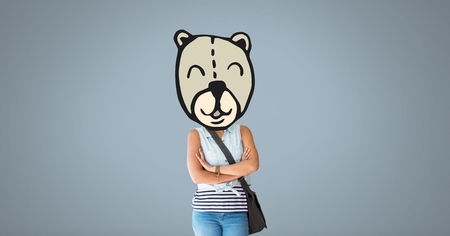 Digital composite of Woman with bear animal head faceの写真素材