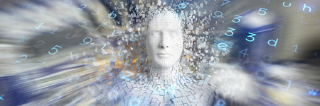 Close-up of pixelated gray 3d man against electronic circuit board with processor