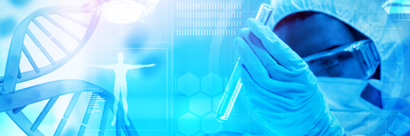 Blue dna helix with medical background against protected scientist looking at a dangerous liquid in...