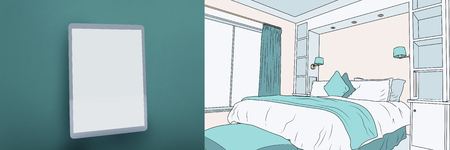 Screen of digital tablet against illustrative image of modern bedroomの写真素材