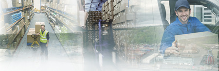 Commercial dock by sea against forklift in large warehouseの写真素材